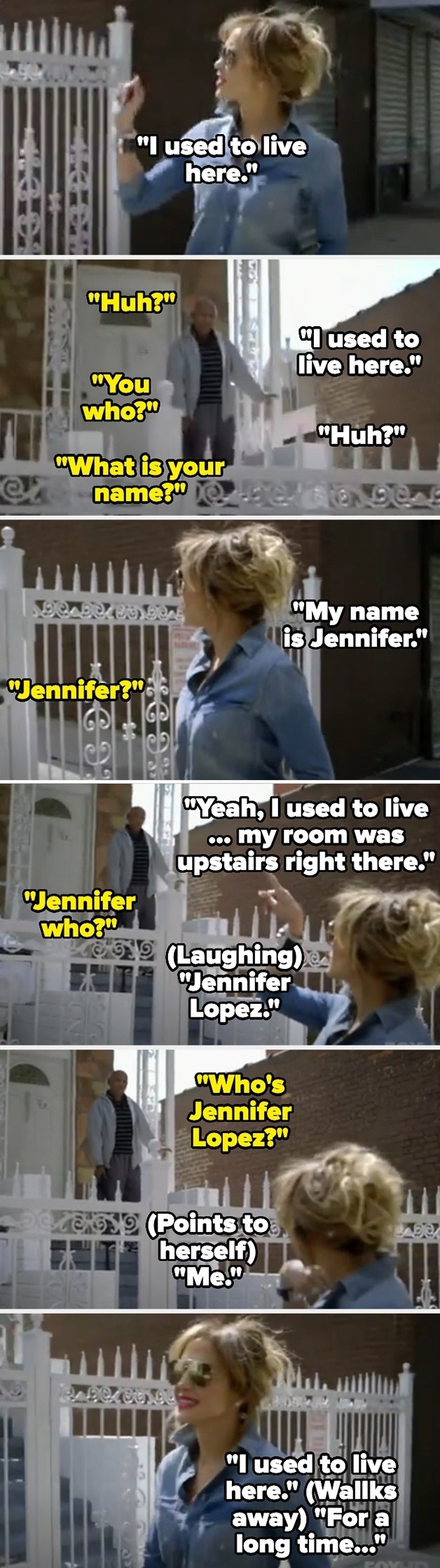 Woman conversing about past residence, mentioning the name &quot;Jennifer&quot; several times in a stairwell