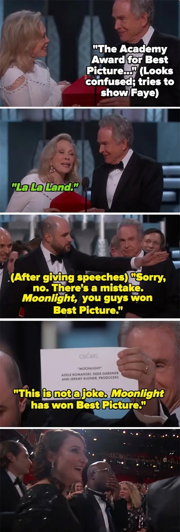 la la land producers on stage being told that moonlight was the actual winner