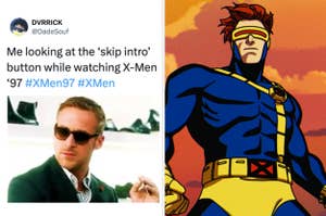 Meme with two panels; left shows a man glancing sideways, right is Cyclops from X-Men animated series. Text jokes about skipping intros