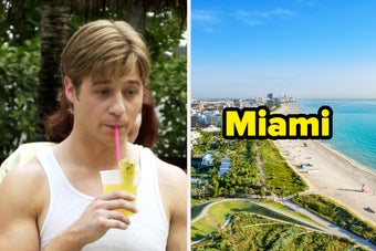 Ryan from "The OC" sipping a cocktail and a photo of the beach in Miami.