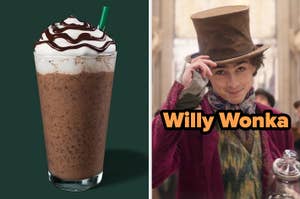 On the left, a Starbucks Frappuccino, and on the right, Timothee Chalamet tipping his cap as Willy Wonka in Wonka