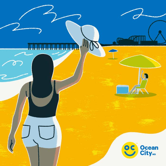 Illustration of a person on a beach facing the ocean, another under an umbrella, with &quot;Ocean City MD&quot; logo