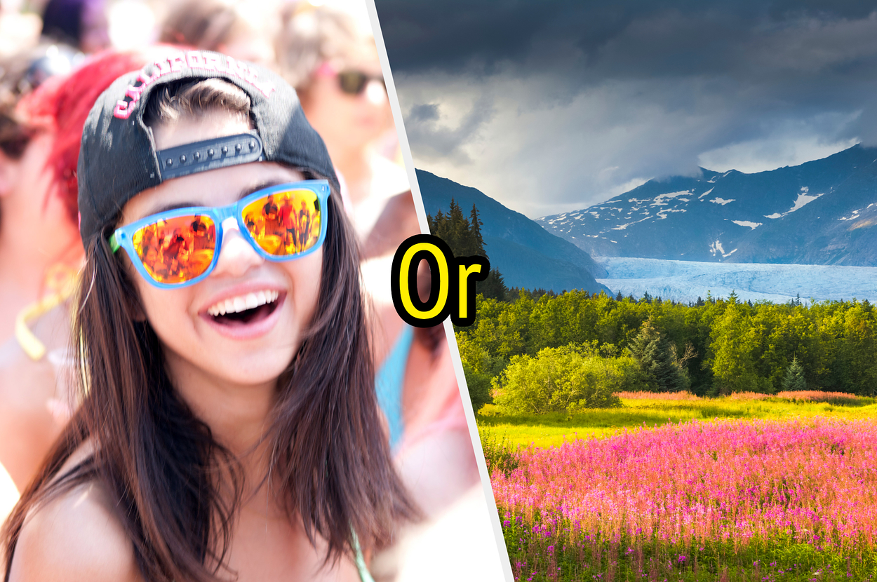 Split image with a Selena Gomez in sunglasses on the left and a mountainous landscape scene on the right