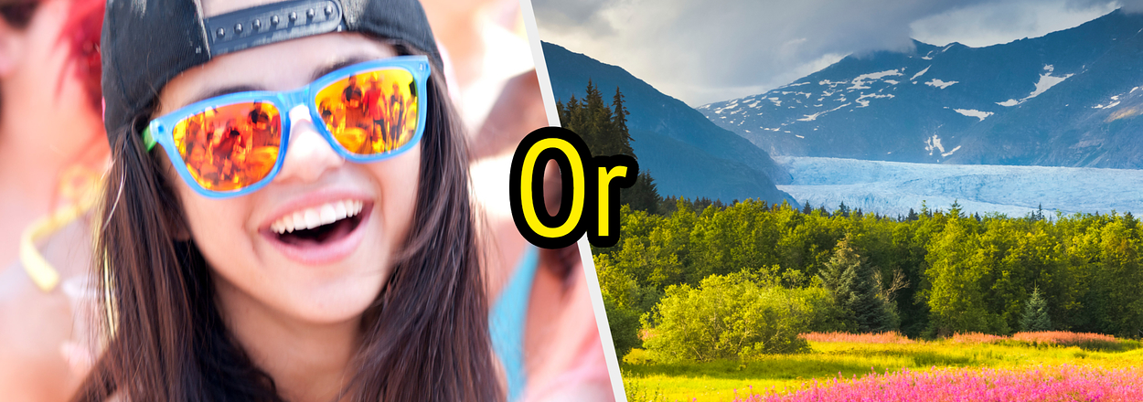 Split image with a Selena Gomez in sunglasses on the left and a mountainous landscape scene on the right