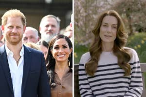 Prince Harry and Meghan Markle smiling outdoors; split with Kate Middleton in a striped top