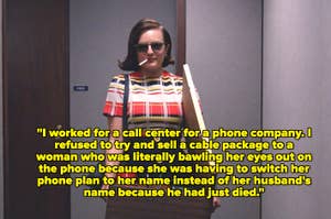 Woman in sunglasses stands indoors, with a quote about her experience working at a call center