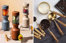 Stylish kitchen gadgets: electric grinders and measuring scoops with wooden handles