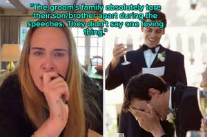 Two split scenes: Left shows a woman teary-eyed, right shows a man at a wedding speech, covering his face with his hand, appearing emotional