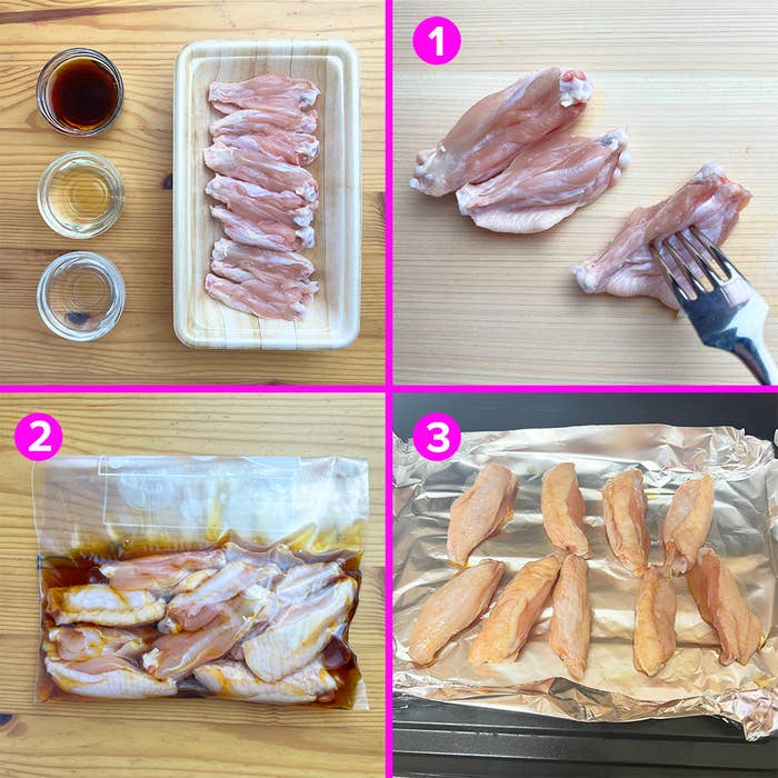 料理過程を示す4枚の画像。1)生の鶏肉の下ごしらえ、2)鶏肉をマリネ液に漬ける、3)マリネした鶏肉をオーブン用トレイに並べる。