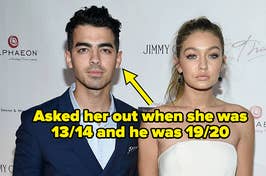 gigi hadid and joe jonas captioned "Asked her out when she was 13/14 and he was 19/20"