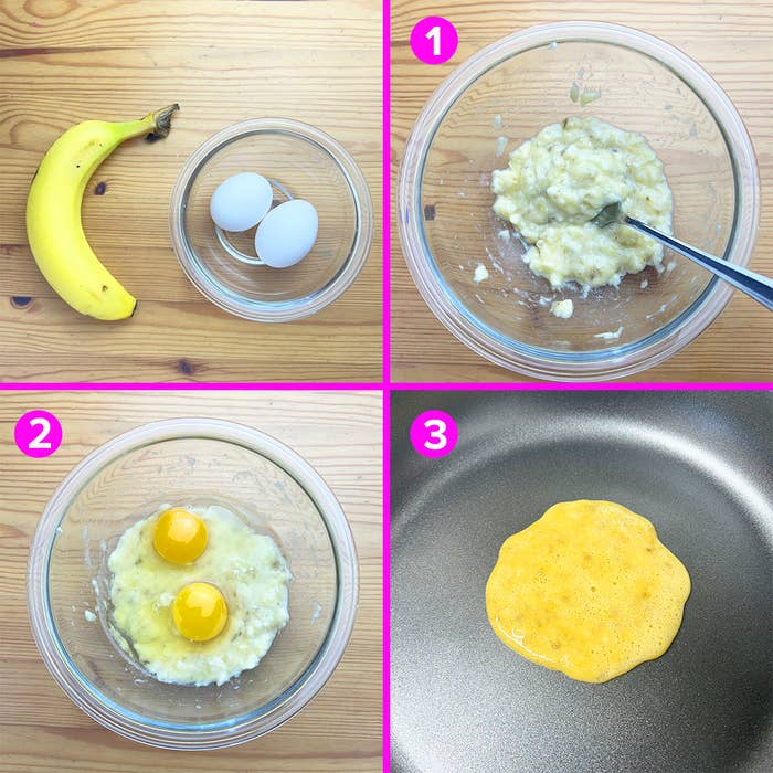 バナナと卵を使ったパンケーキレシピの手順を示す４枚の画像。