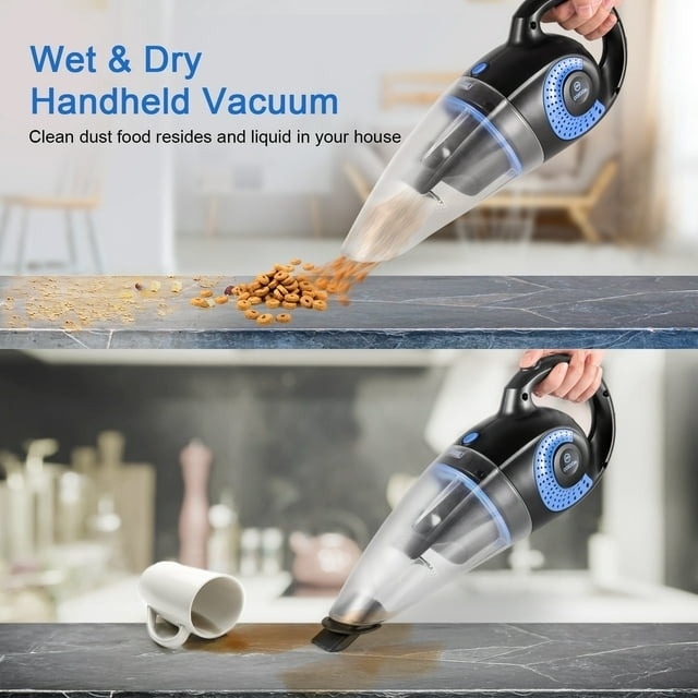 Handheld vacuum cleaning up food and liquid spills on surfaces
