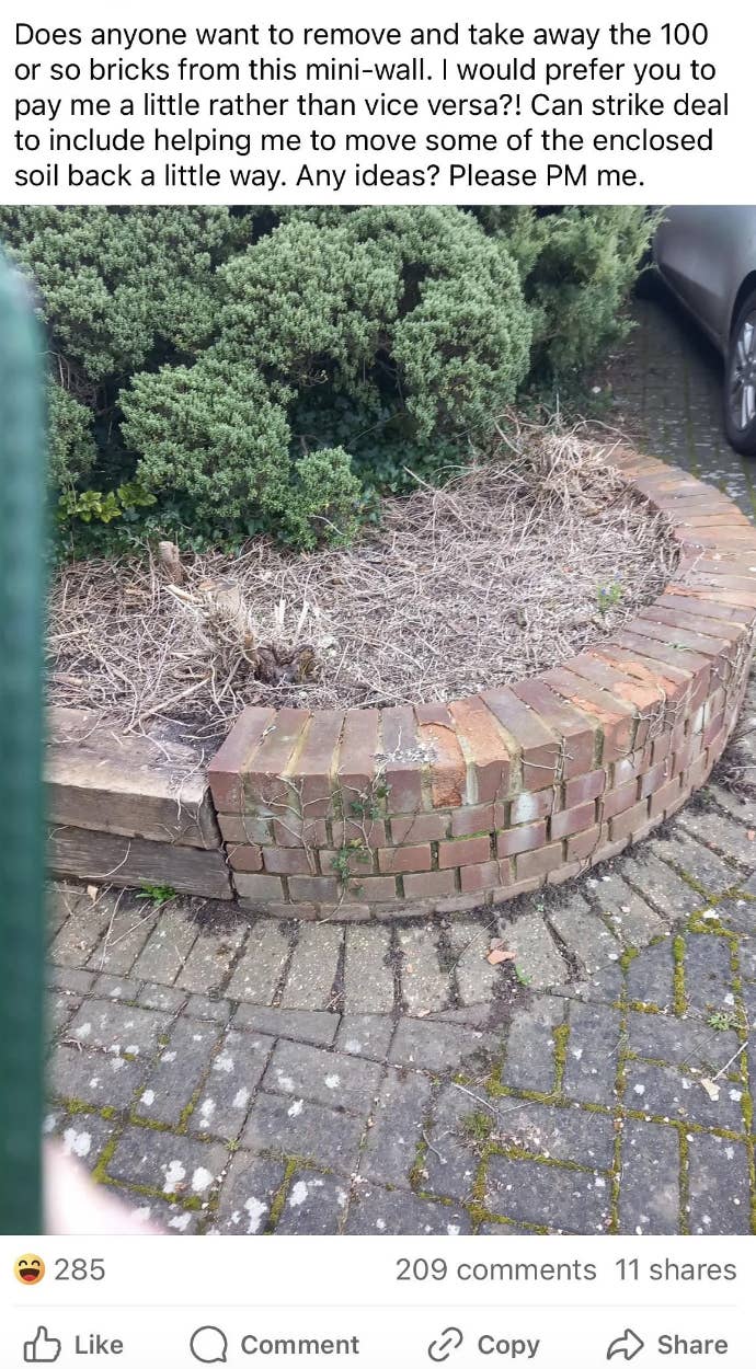 Brick mini-wall with overgrown weeds in need of removal; owner seeking help removing "100 or so bricks" and "would prefer you to pay me rather than vice versa" but can "strike deal helping me move some of the enclosed soil back"