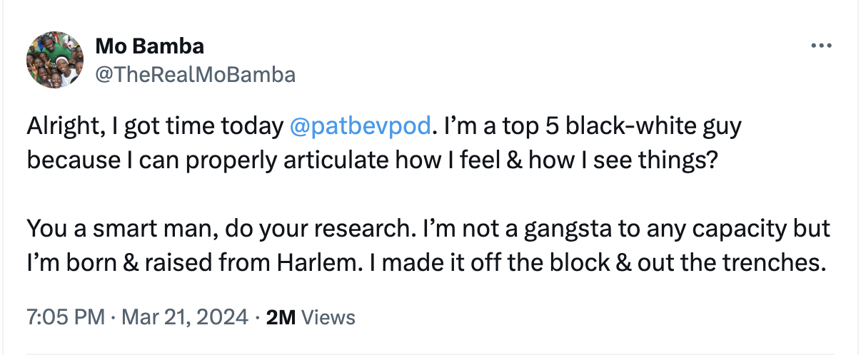 Tweet by Mo Bamba discussing being articulate and from Harlem, gaining 2M views