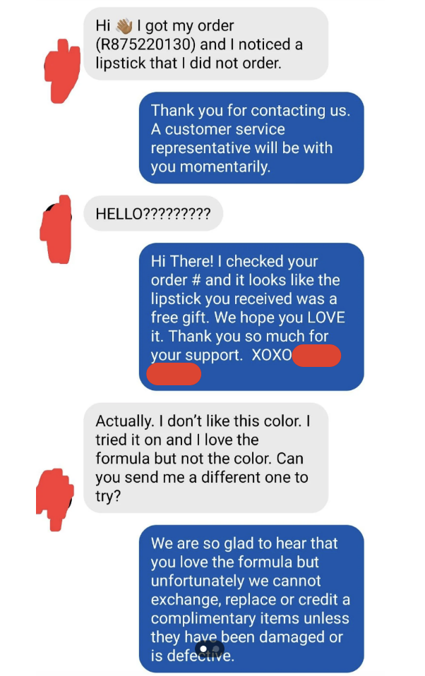 Person contacts customer service to complain about the color of the complimentary lipstick they received and asking for a different shade