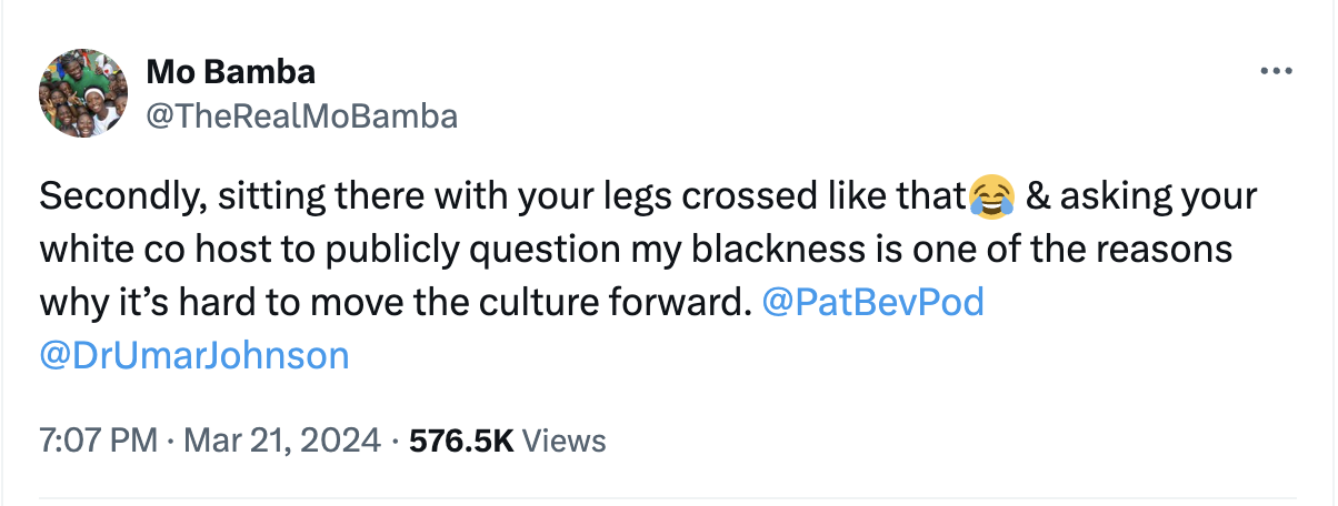 Tweet by Mo Bamba discussing cultural issues, mentioning PatBevPod and DrUmarJohnson