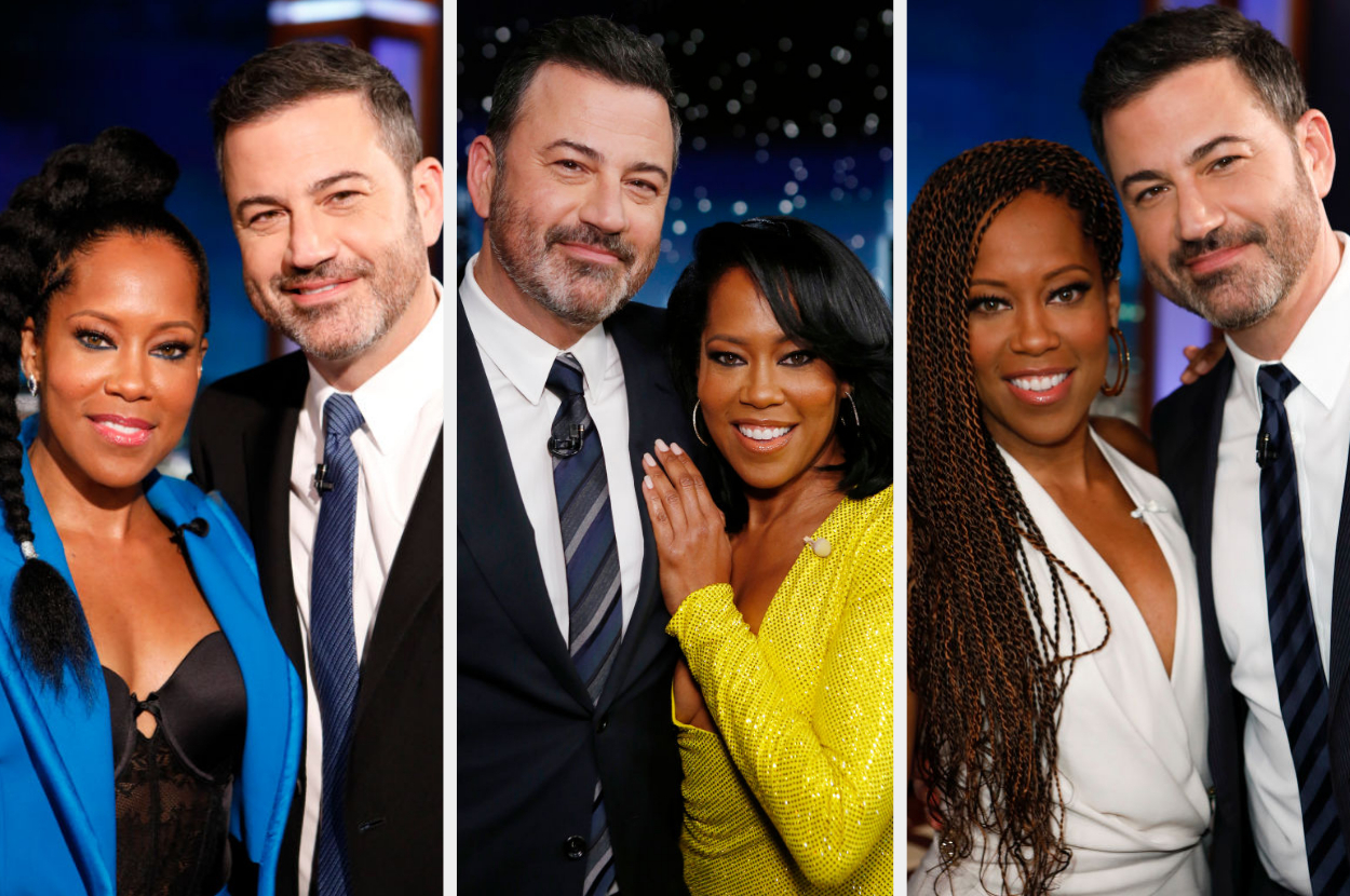 Three side-by-side photos of Regina King and Jimmy Kimmel posing together on a talk show set