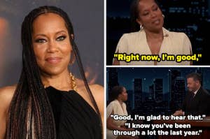 Regina King in a classy sleeveless outfit, on a talk show with host Jimmy Kimmel