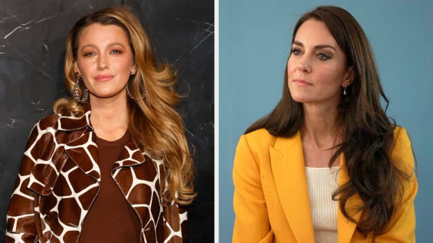 Side-by-side images of Blake Lively and Catherine, Princess of Wales. Lively in a patterned outfit and Catherine in a yellow blazer, posing for the camera