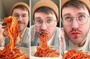 Three-panel image of a person enjoying a plate of spaghetti, progressively getting closer to the camera