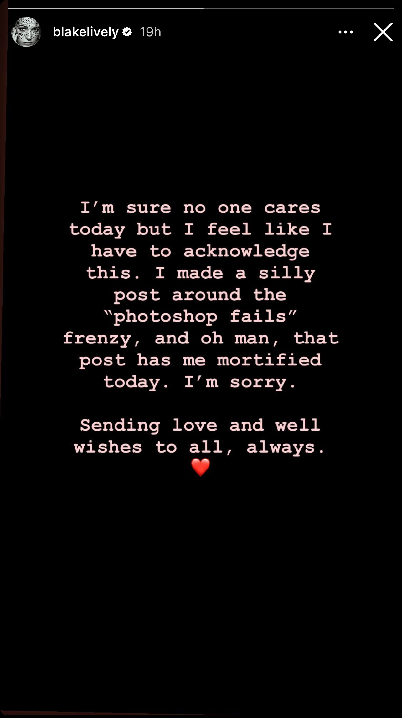 Text from Blake Lively&#x27;s social media post expressing her feelings about the attention to her clothing and the frenzy around perceived photoshop fails