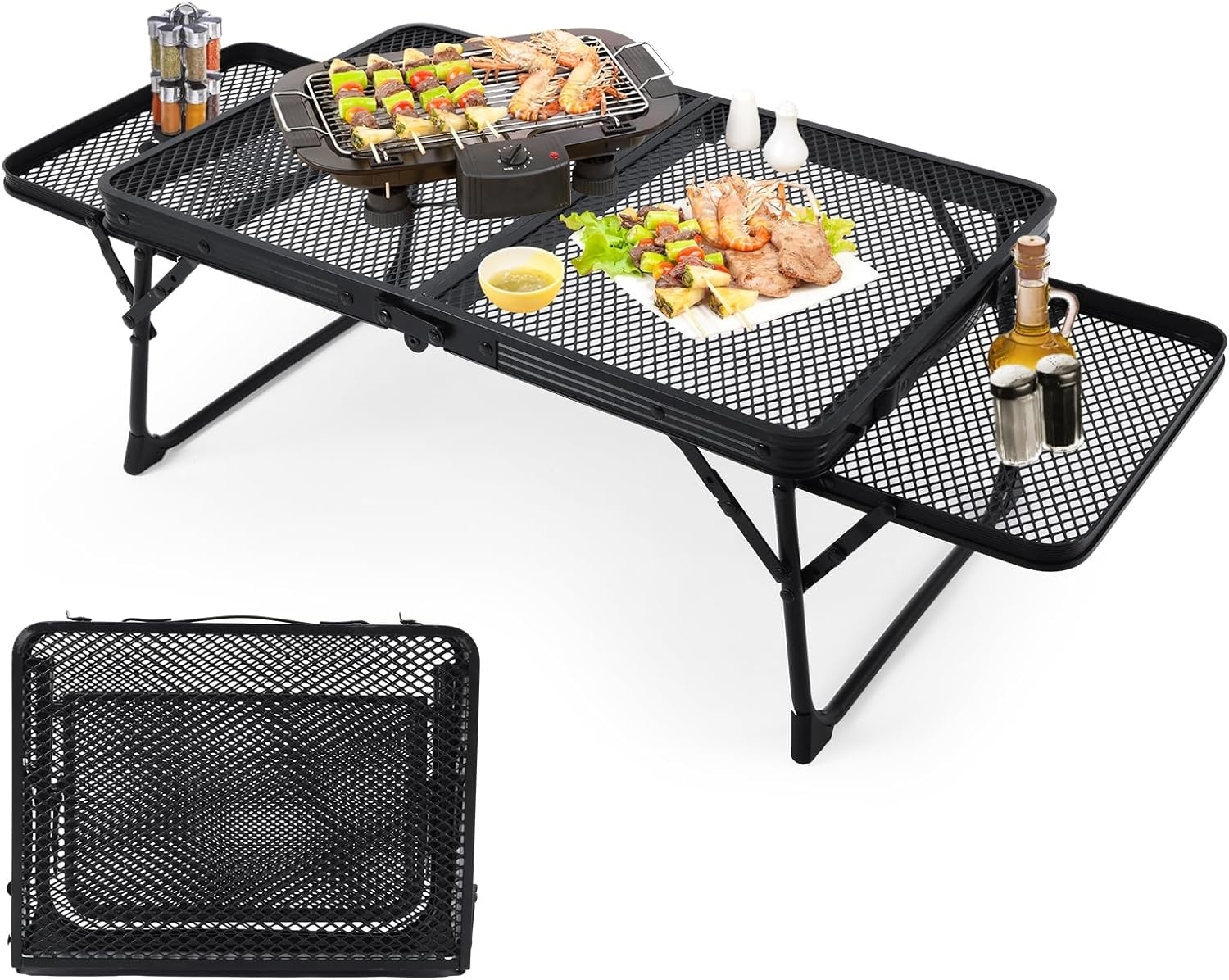Portable table with built-in grill surrounded by food items, condiments, and empty seats for outdoor dining