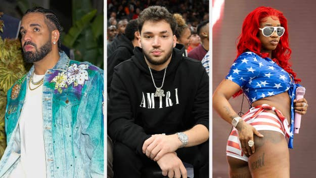 Three artists at separate events: left in a floral jacket, center in a black Amiri hoodie, right in a stars-and-stripes outfit
