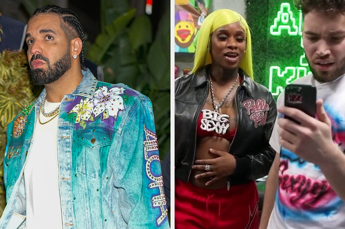Two images: Left - French Montana in a denim jacket with patches. Right - Megan Thee Stallion in a jacket, with a fan taking a selfie