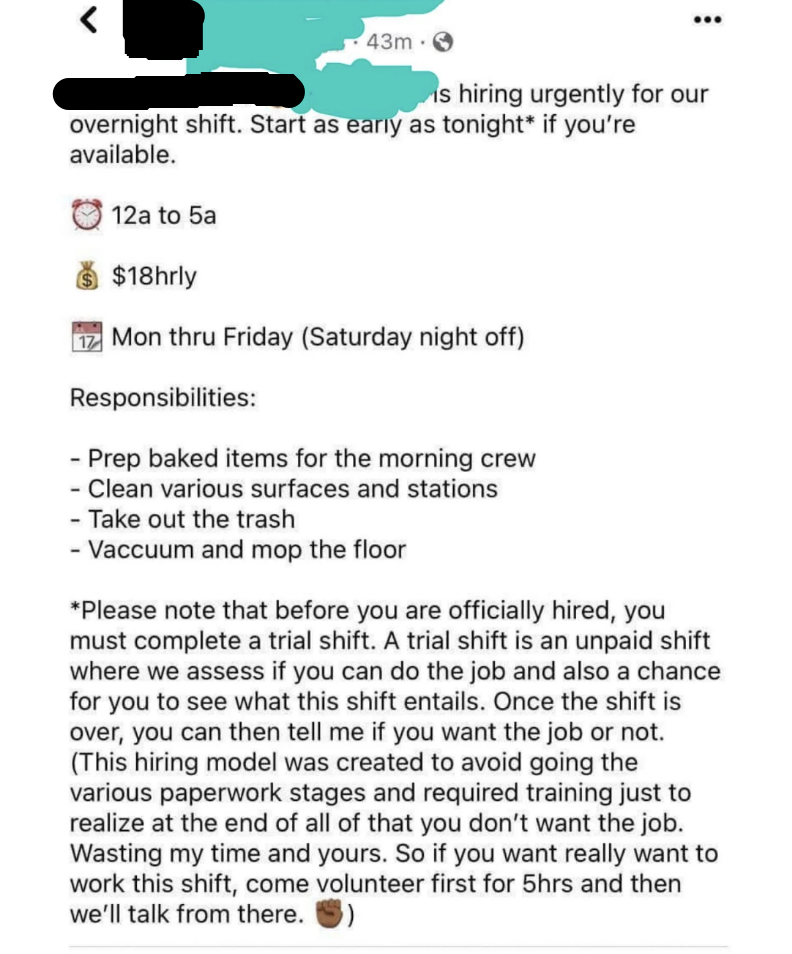 Job posting for overnight cleaning crew with various responsibilities such as cleaning surfaces, taking out trash, and vacuuming, urgent hire, but first they must complete an unpaid &quot;trial shift&quot; for five hours for then to decide if they like it