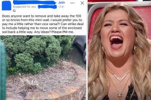 Overgrown shrubs in a circular brick planter; inset of Kelly Clarkson laughing on a show