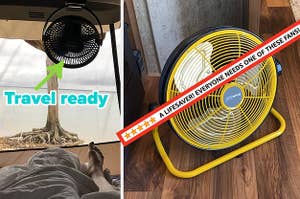 Reviewer image of battery powered fan hanging from trunk of car, reviewer image of yellow and black battery powered fan on hardwood floor