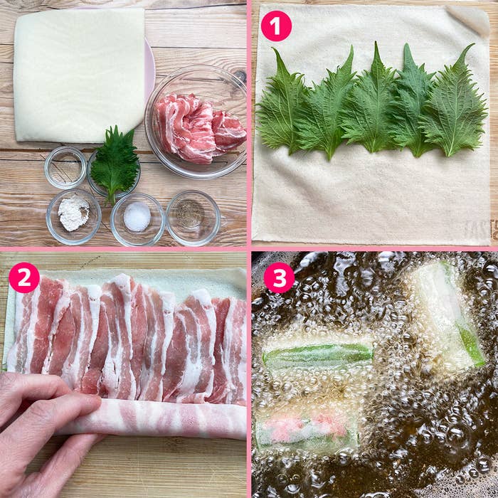 手順に従って豚肉と青菜を調理する様子を示す4分割画像。