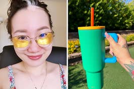 reviewer with gold under-eye gels / reviewer holding green simple modern tumbler