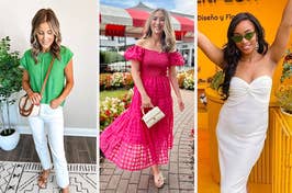 Three women posing in stylish outfits, left to right: casual top with white pants, pink sundress, elegant white dress