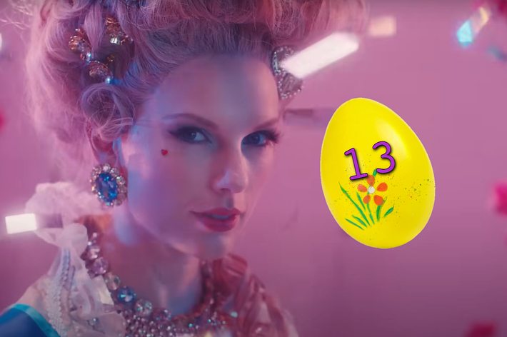 Taylor Swift with ornate hairstyle, bejeweled, beside Easter egg with "13" on it