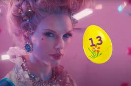 Taylor Swift with ornate hairstyle, bejeweled, beside Easter egg with "13" on it
