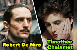 Split image with young Robert De Niro on left, Timothée Chalamet on right, both actors in character