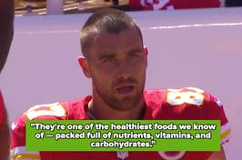 Football player on the field with a quote about healthy foods' benefits