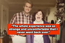 Two people smiling, standing indoors with a quote about an uncomfortable experience overlayed