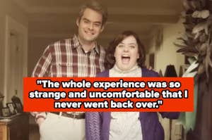Two people smiling, standing indoors with a quote about an uncomfortable experience overlayed