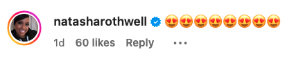 @natasharothwell comment featuring a series of heart-eye emojis and 60 likes