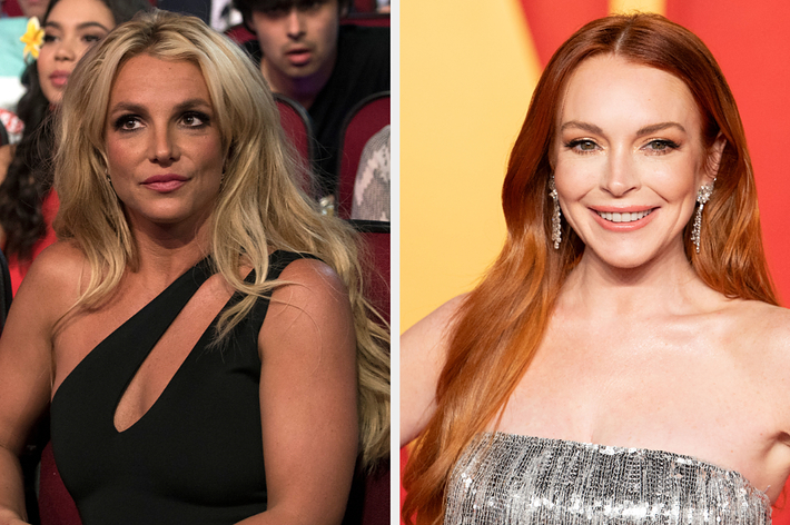 Britney Spears in a black outfit and Lindsay Lohan in a sparkling dress at separate events