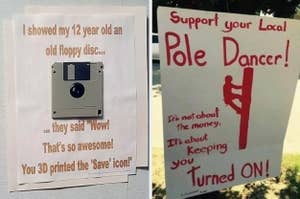 Two humorous posters; left shows a floppy disk with text about mistaking it for a save icon, right is a cheeky support sign for pole dancers