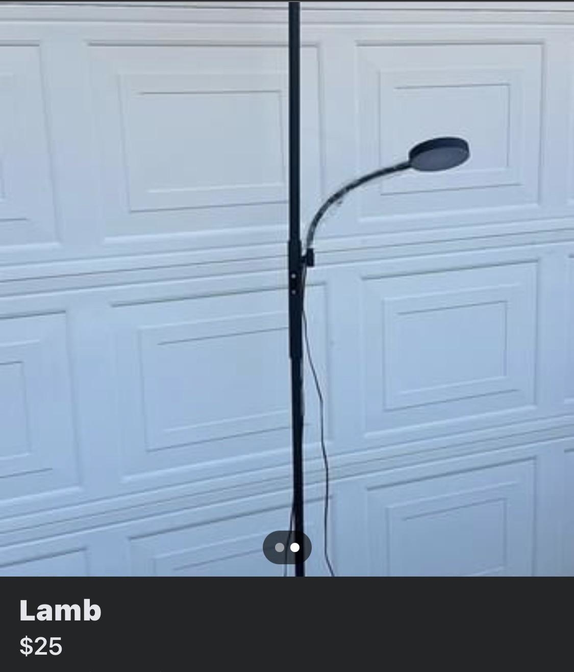 Floor lamp with a curved design for sale in front of a garage door, listed at $25