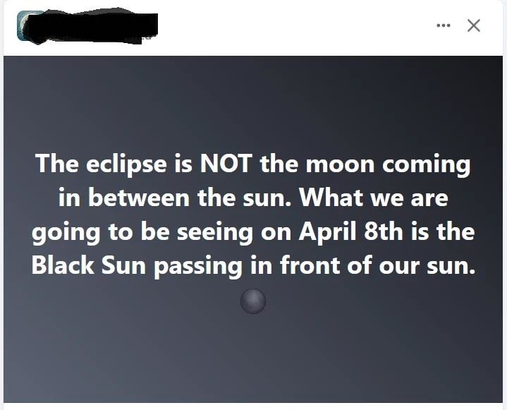 The image shows a social media post about an upcoming eclipse, incorrectly calling it the &quot;Black Sun&quot; passing in front of the sun