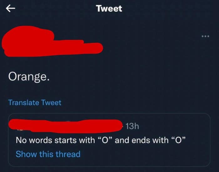 Tweet with the text &quot;Orange&quot; and a reply stating &quot;No words start with &#x27;O&#x27; and ends with &#x27;O&#x27;.&quot;
