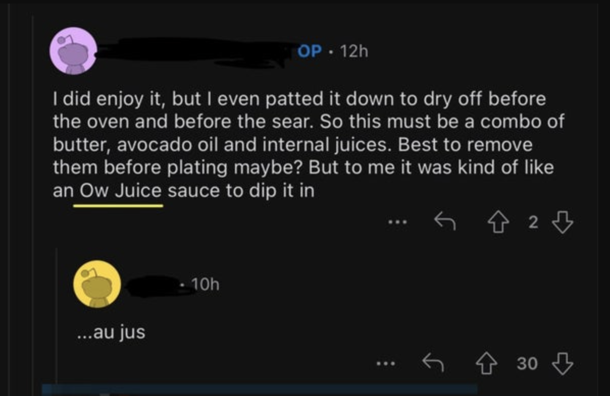 Screenshot of a social media post discussing food preferences, with humorous misinterpretation of &#x27;au jus&#x27; as &#x27;Ow Juice&#x27;