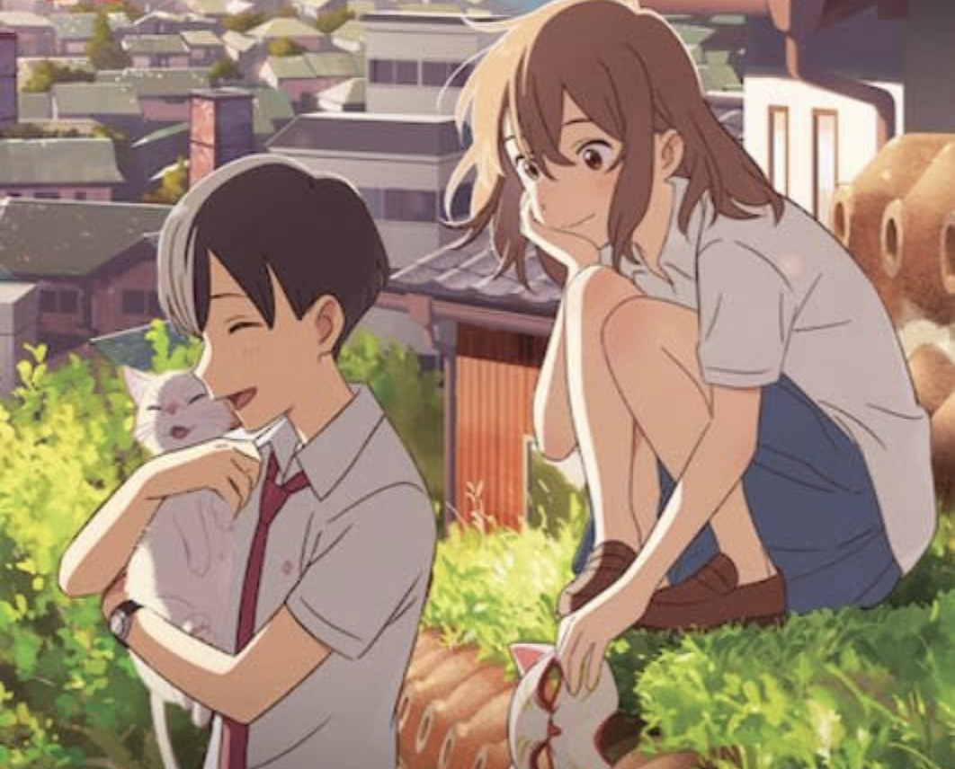 Two animated characters, a boy holding a cat and a girl crouching, in a scenic town backdrop