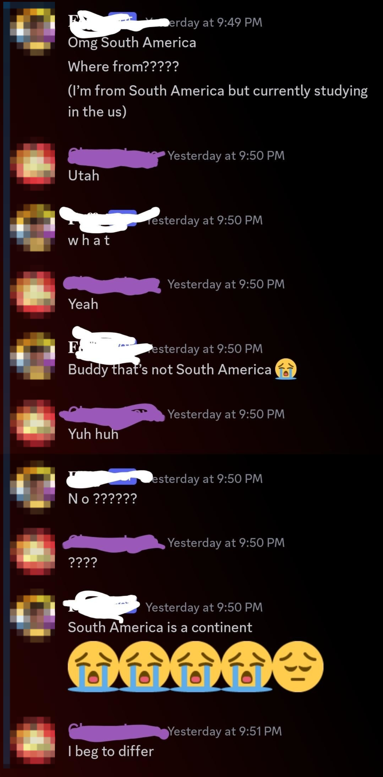 A screenshot of a messaging app where one user incorrectly states South America is a country and another corrects them, humorous confusion ensues