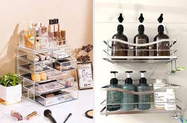 Two images side-by-side: Left shows a clear makeup organizer on a vanity. Right depicts a metal shower caddy with bath products